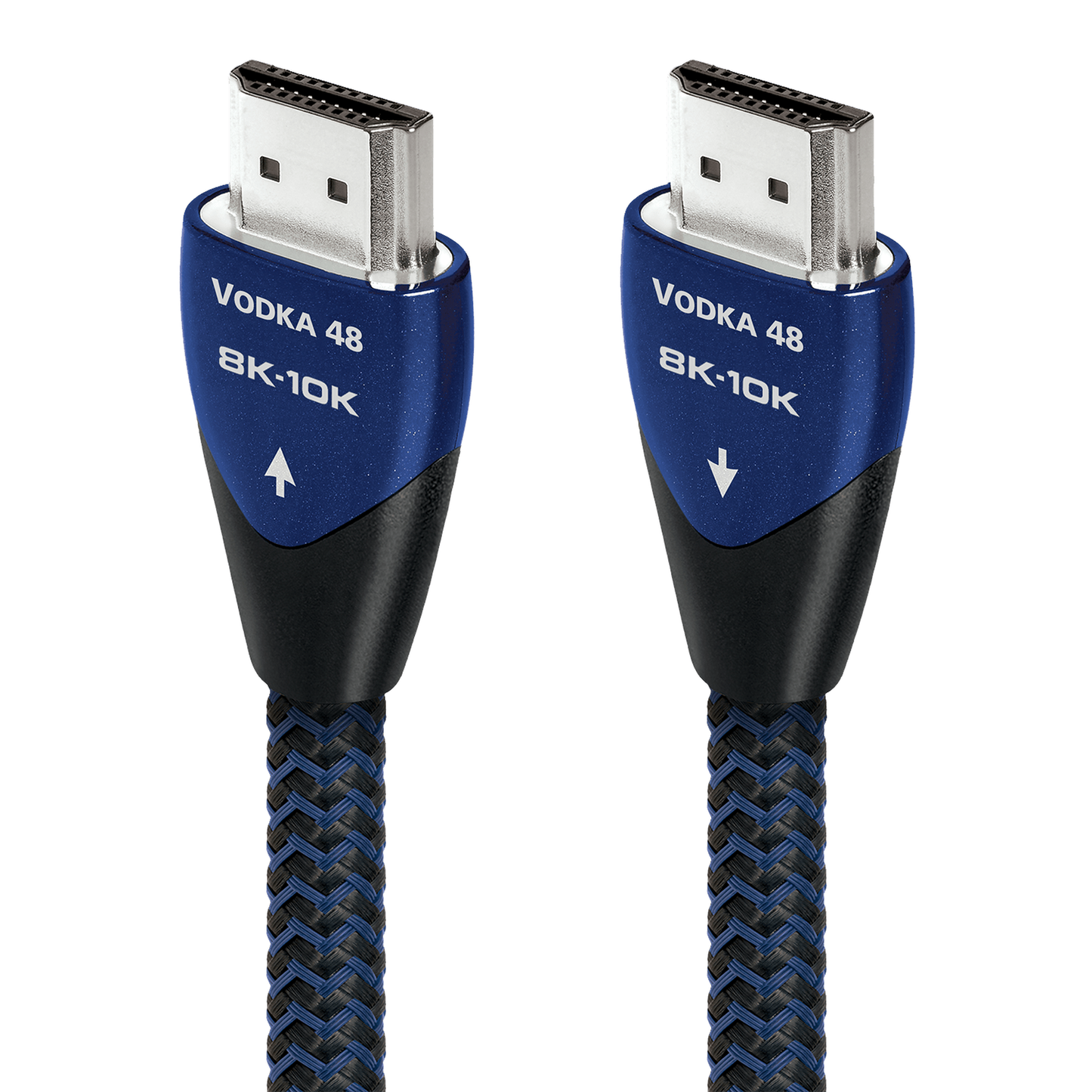 AudioQuest Vodka 48 HDMI-Kabel Produktansicht mit beiden Steckern und Richtungspfeilen, 8K-10K, 48 Gbps