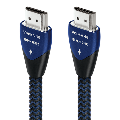 AudioQuest Vodka 48 HDMI-Kabel Produktansicht mit beiden Steckern und Richtungspfeilen, 8K-10K, 48 Gbps