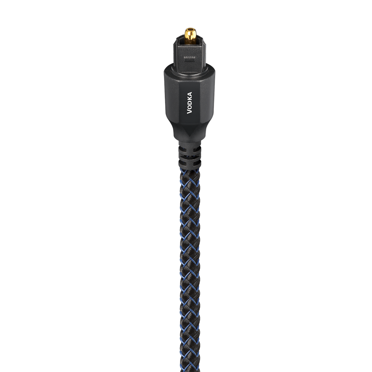 AudioQuest Vodka Optisches Kabel Produktansicht: Toslink-Stecker am blau-schwarzen Geflechtmantel