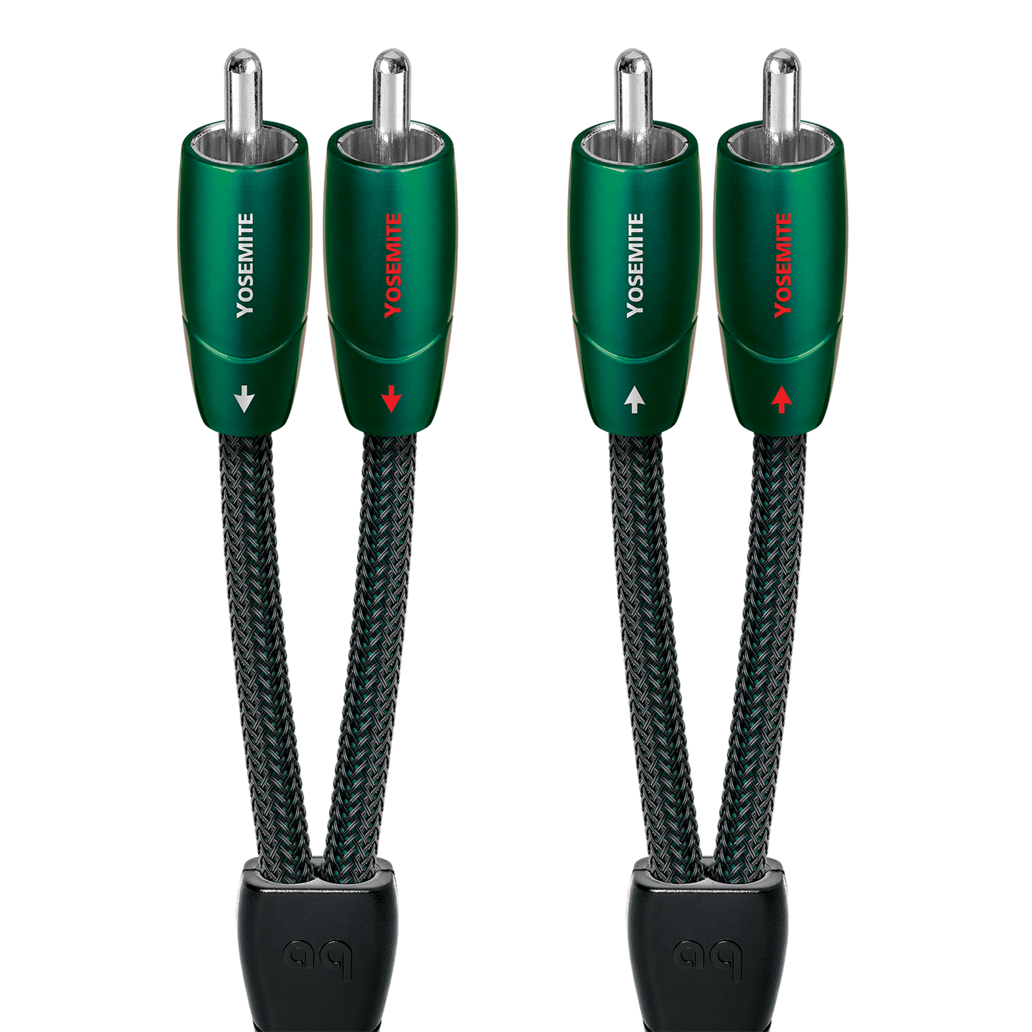 AudioQuest Yosemite NF-Kabel Produktansicht – Cinch/RCA-Stereopaar mit dunkelgrünen Steckern und Silberkontakten