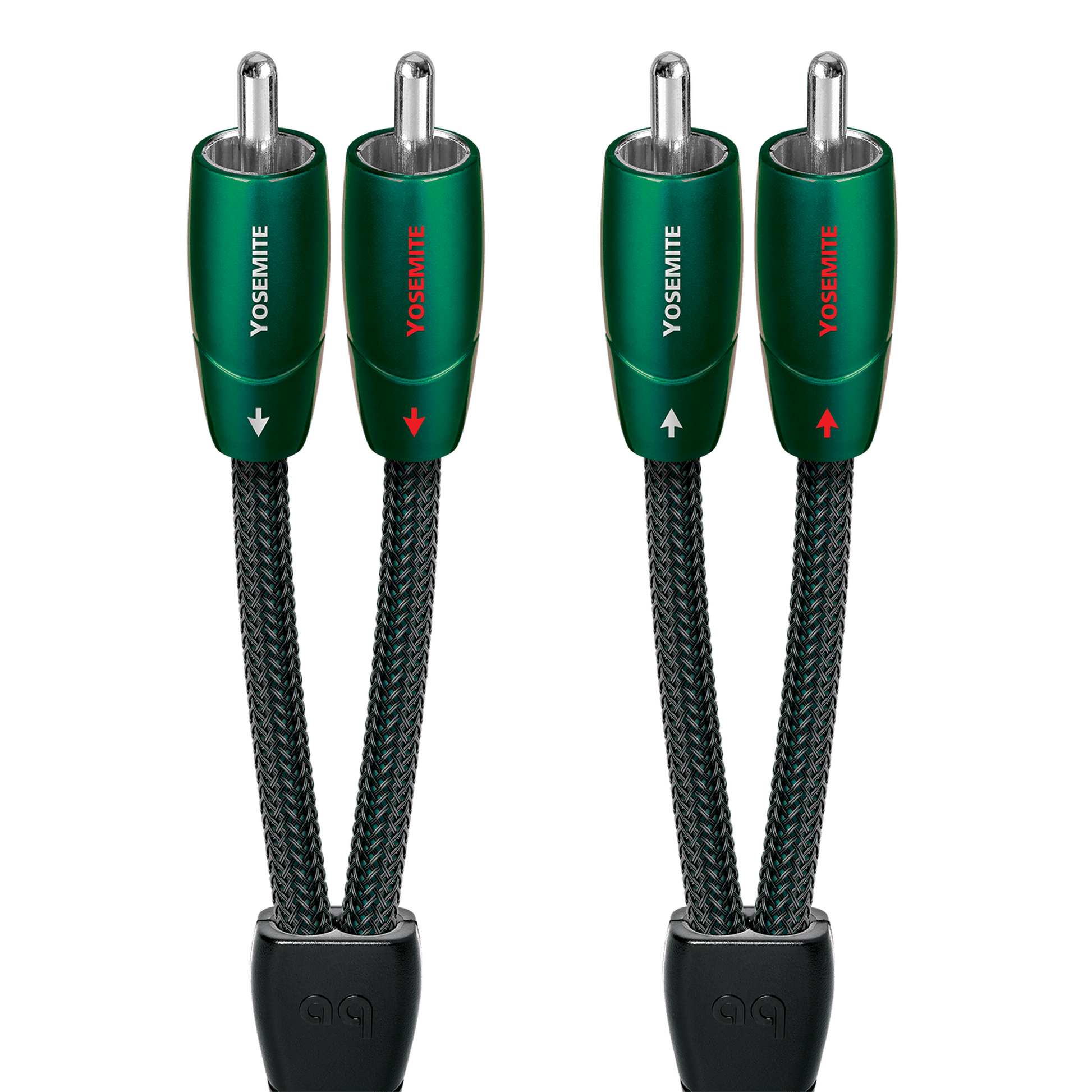 AudioQuest Yosemite NF-Kabel Produktansicht – Cinch/RCA-Stereopaar mit dunkelgrünen Steckern und Silberkontakten