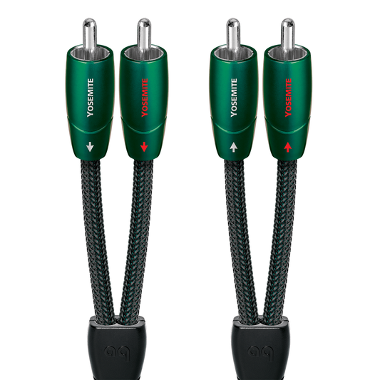 AudioQuest Yosemite NF-Kabel Produktansicht – Cinch/RCA-Stereopaar mit dunkelgrünen Steckern und Silberkontakten