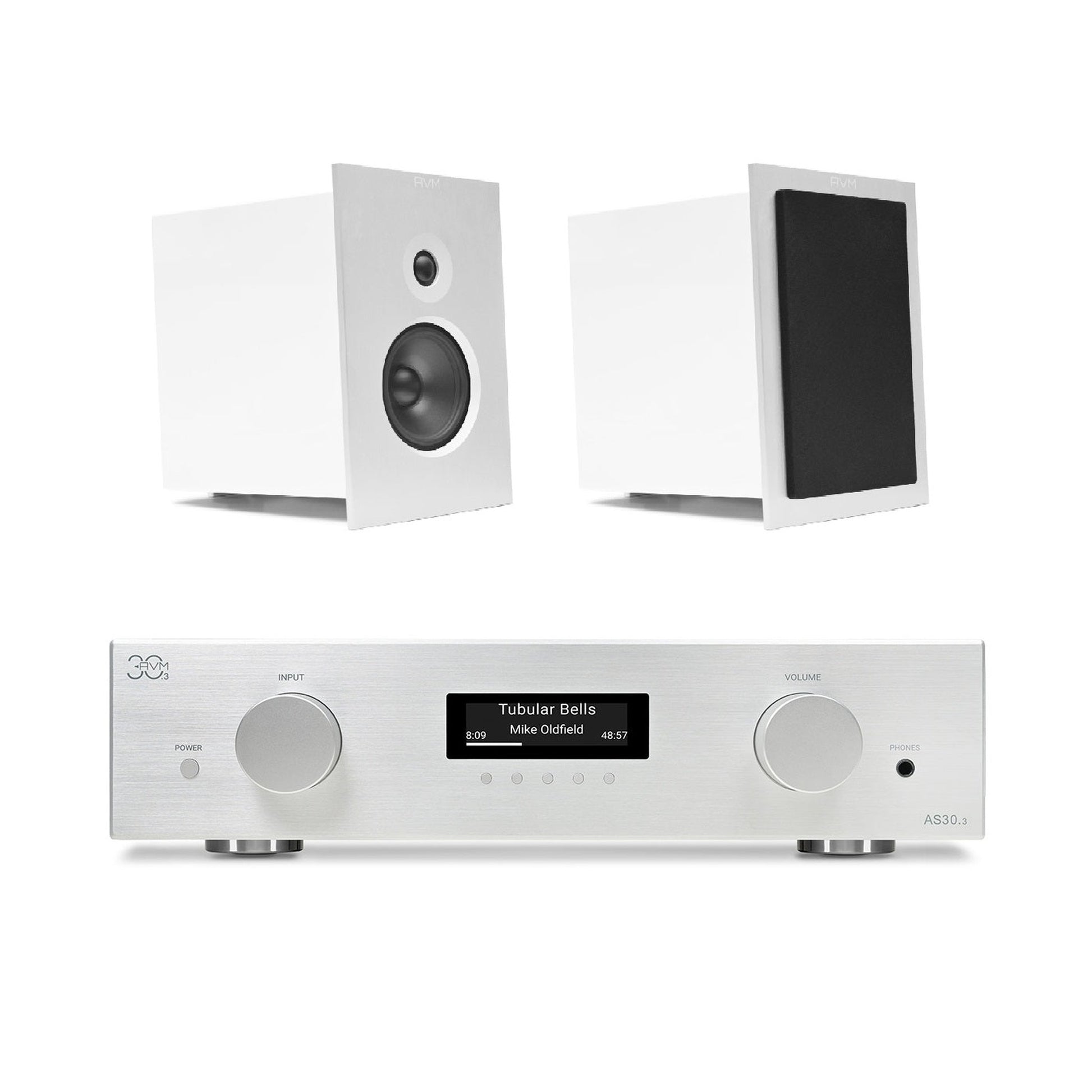 AVM AS 30.3 Streaming-Vollverstärker mit Audition CB 2.3 Regallautsprechern, HiFi-Set Silber Setansicht