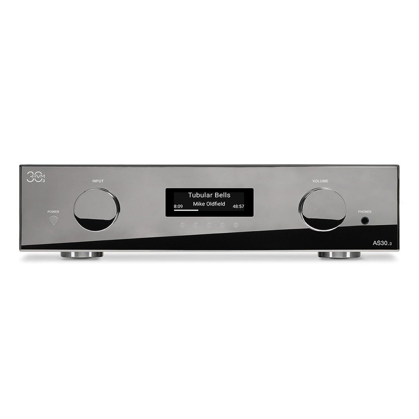 AVM AS 30.3 Streaming-Vollverstärker Cellini Chrom Frontansicht mit OLED-Display und Lautstärkeregler