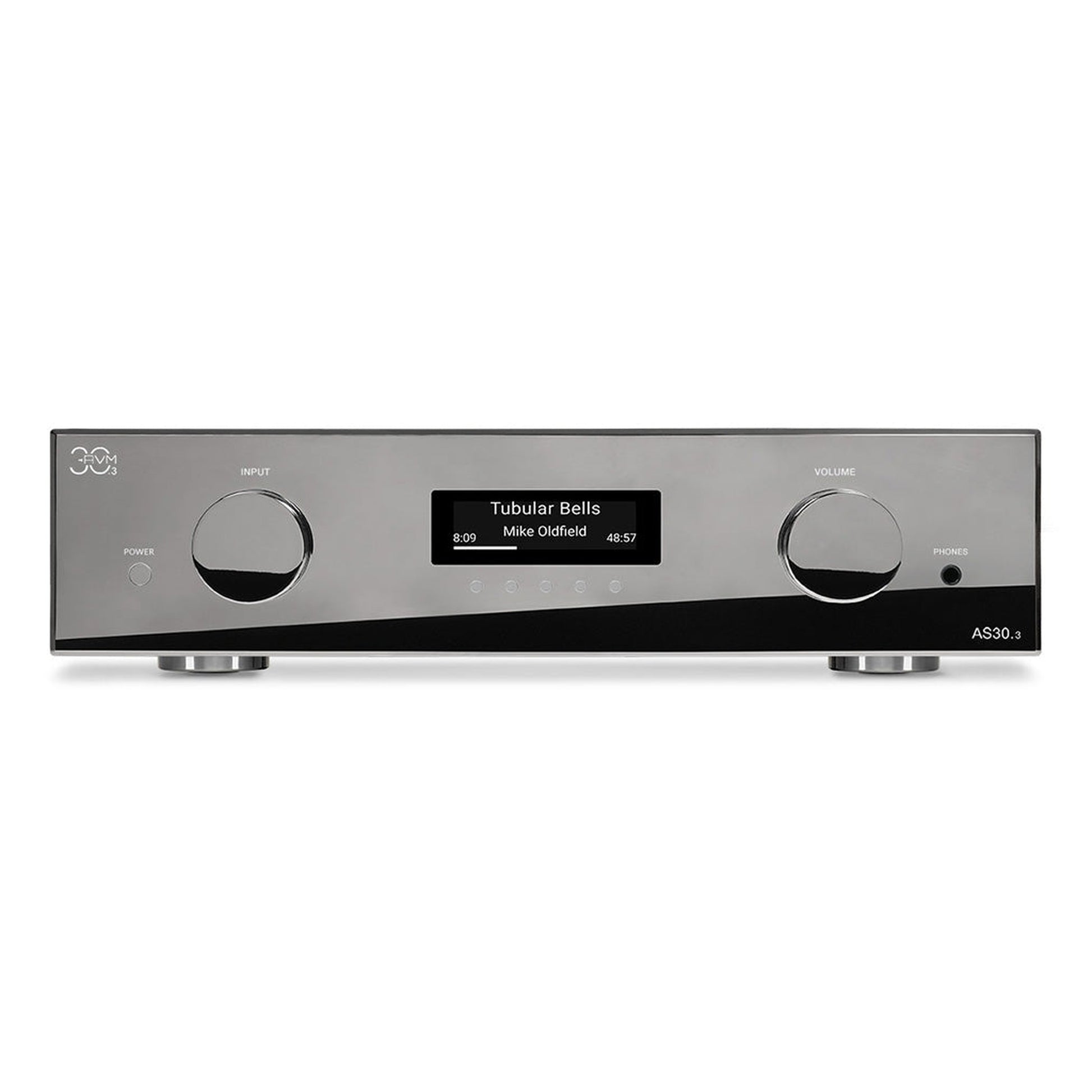 AVM AS 30.3 Streaming-Vollverstärker Cellini Chrom Frontansicht mit OLED-Display und Lautstärkeregler
