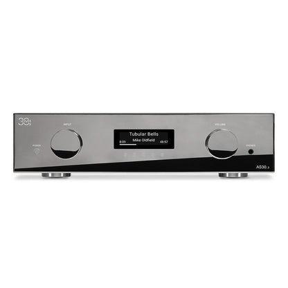 AVM AS 30.3 Streaming-Vollverstärker Cellini Chrom Frontansicht mit OLED-Display und Lautstärkeregler