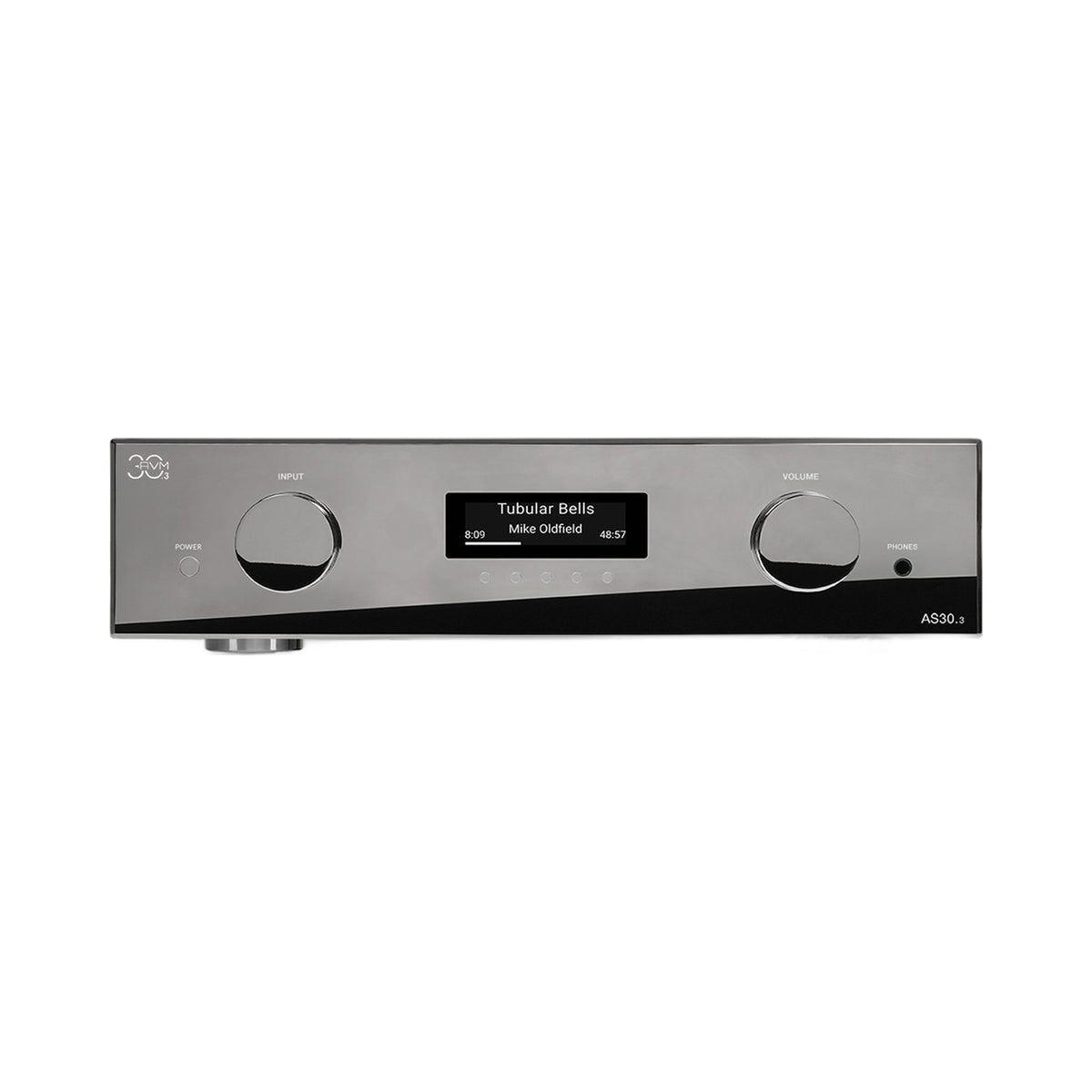 AVM AS 30.3 Streaming-Vollverstärker Cellini Chrom Frontansicht mit verchromter Front und Display