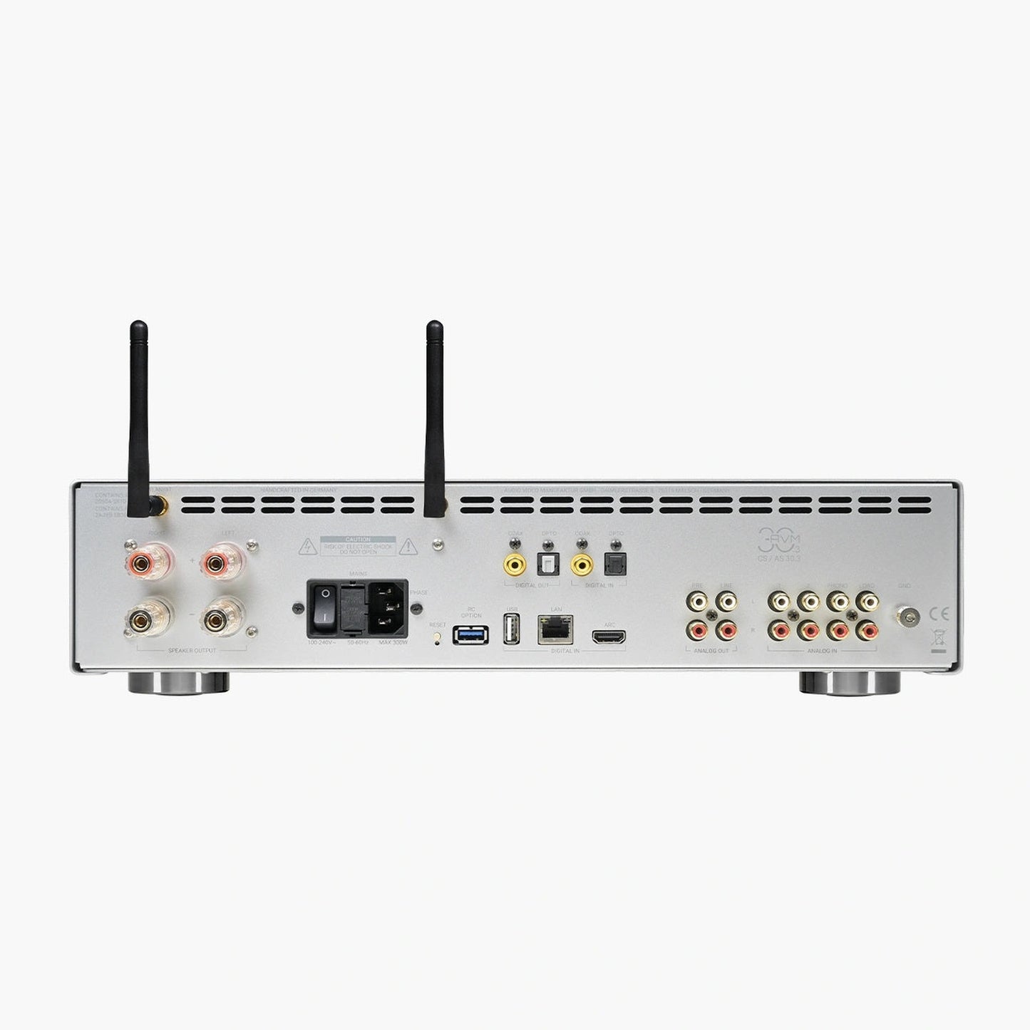 AVM AS 30.3 Streaming-Vollverstärker Cellini Chrom Rückansicht mit Anschlussfeld und WLAN-Antennen