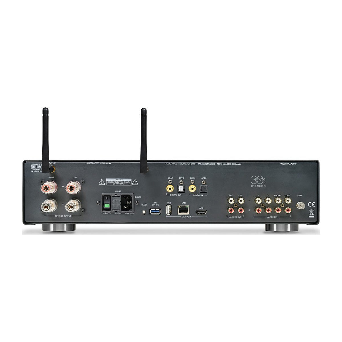 AVM AS 30.3 Streaming-Vollverstärker Schwarz Rückansicht mit Anschlussfeld, WLAN-Antennen und Lautsprecherklemmen