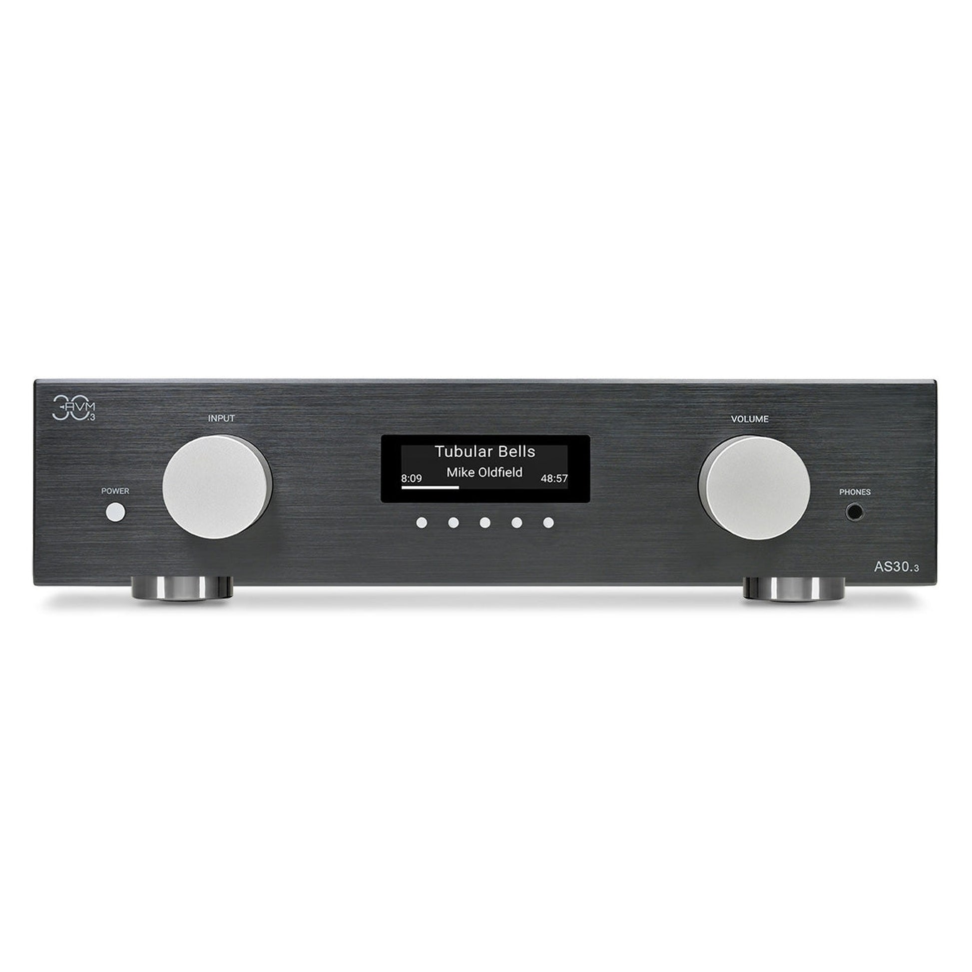 AVM AS 30.3 Streaming-Vollverstärker Schwarz Frontansicht mit OLED-Display und Lautstärkeregler