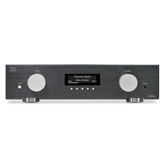 AVM AS 30.3 Streaming-Vollverstärker Schwarz Frontansicht mit OLED-Display und Lautstärkeregler