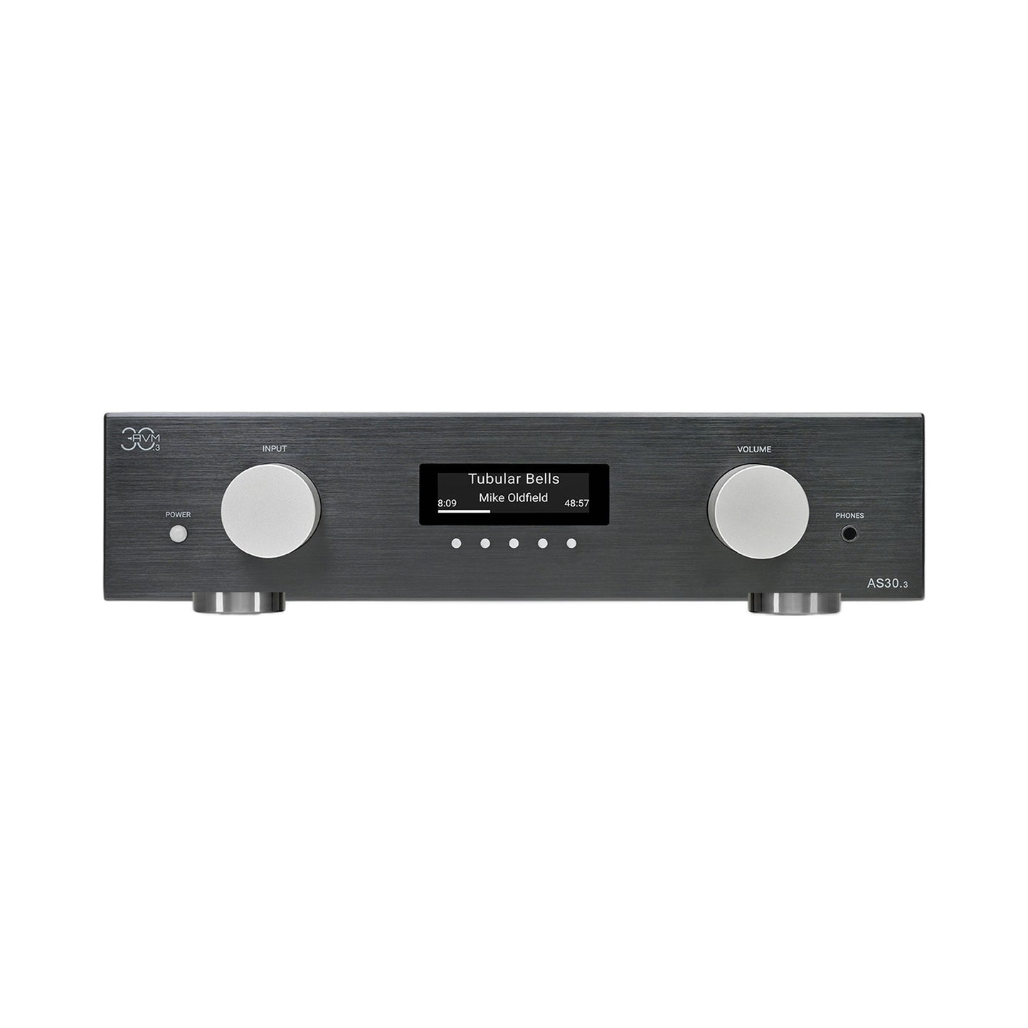 AVM AS 30.3 Streaming-Vollverstärker Schwarz Frontansicht mit Display und Lautstärkeregler im HiFi-Set