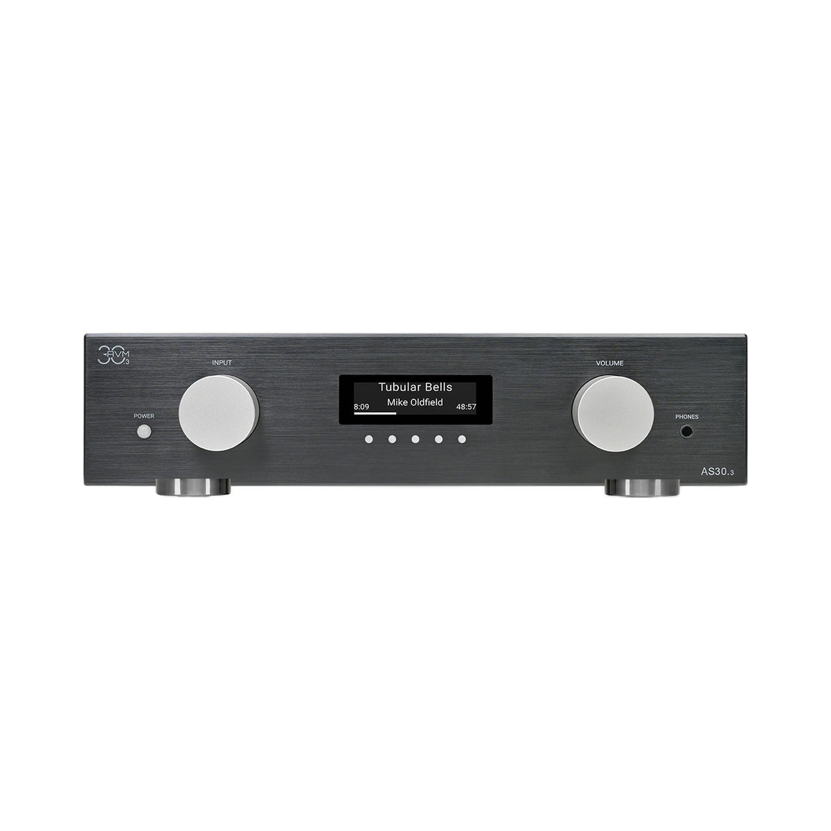 AVM AS 30.3 Streaming-Vollverstärker Schwarz Frontansicht mit Display und Lautstärkeregler im HiFi-Set