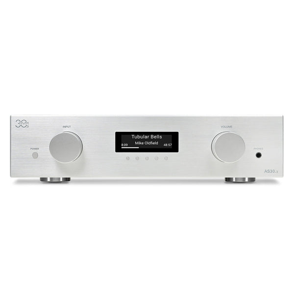 AVM AS 30.3 Streaming-Vollverstärker Silber Frontansicht mit OLED-Display und Lautstärkeregler