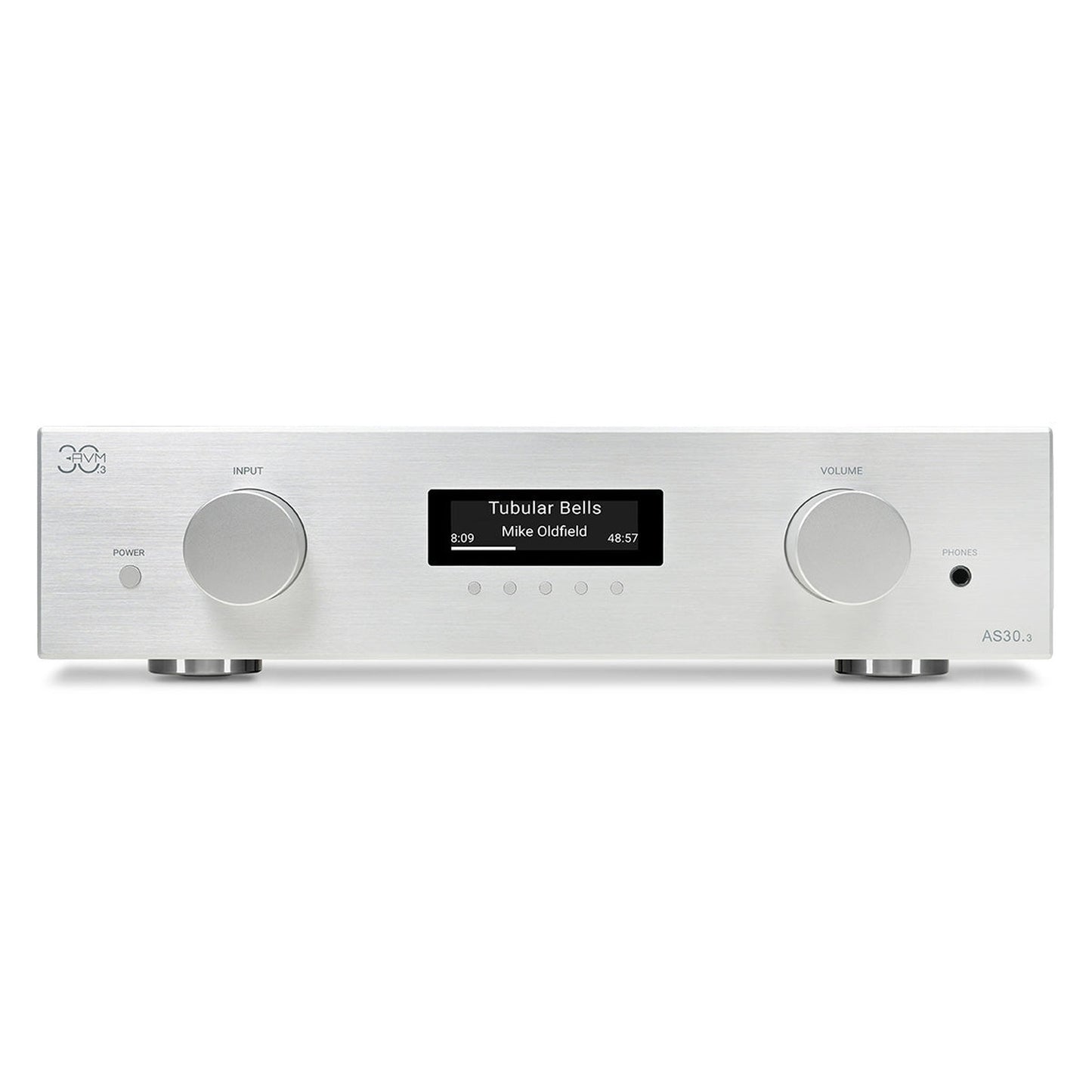 AVM AS 30.3 Streaming-Vollverstärker Silber Frontansicht mit OLED-Display und Lautstärkeregler