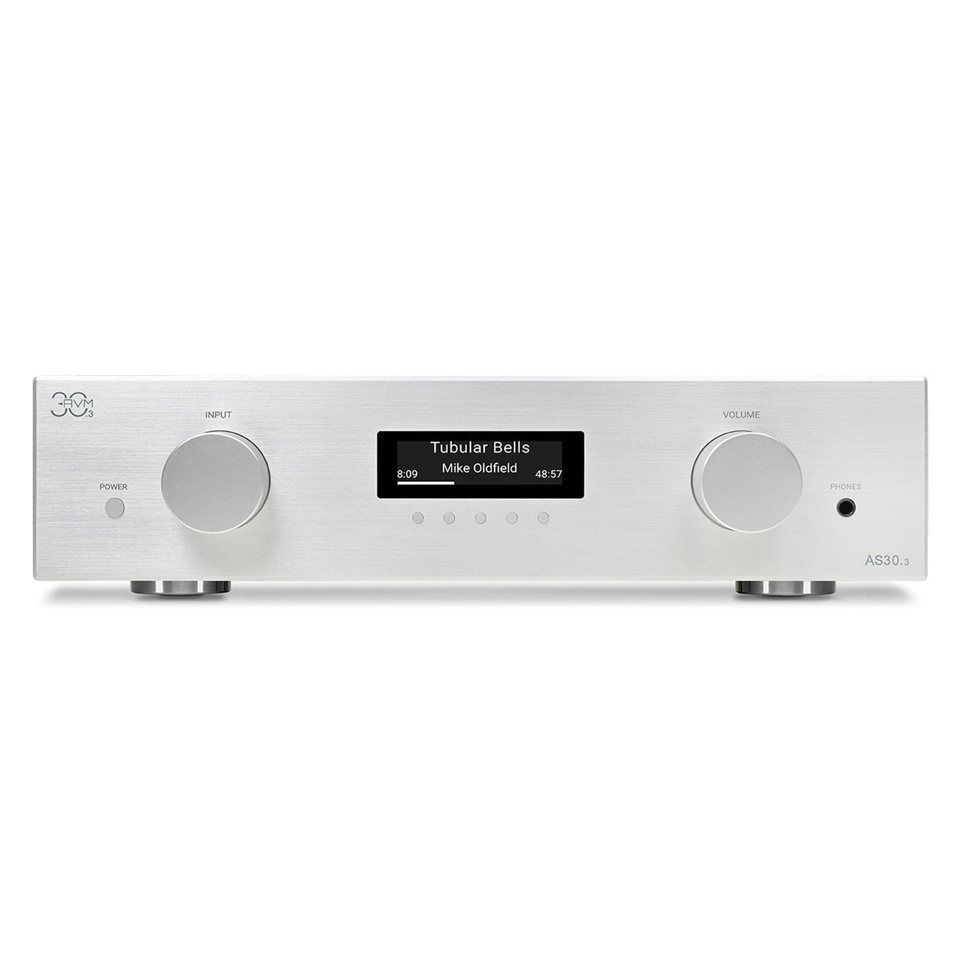 AVM AS 30.3 Streaming-Vollverstärker Silber Frontansicht mit OLED-Display und Lautstärkeregler