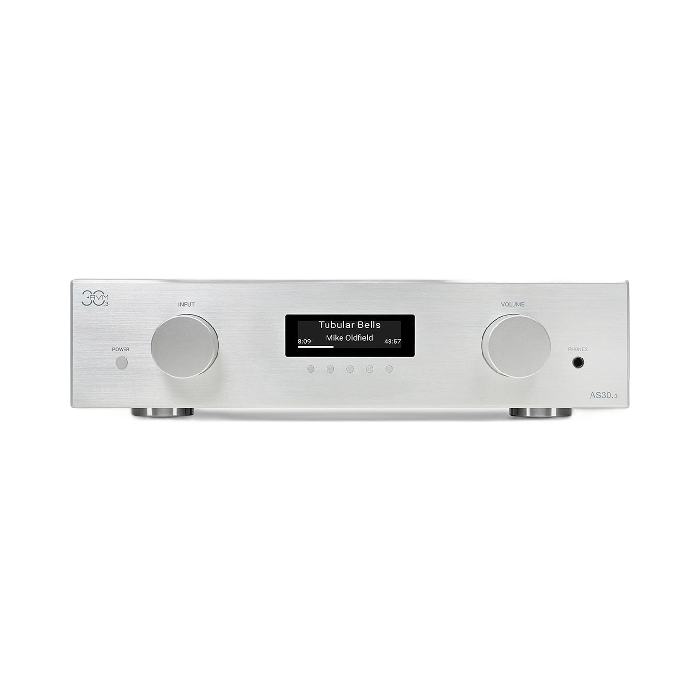 AVM AS 30.3 Streaming-Vollverstärker Silber Frontansicht mit Display und Lautstärkeregler im HiFi-Set