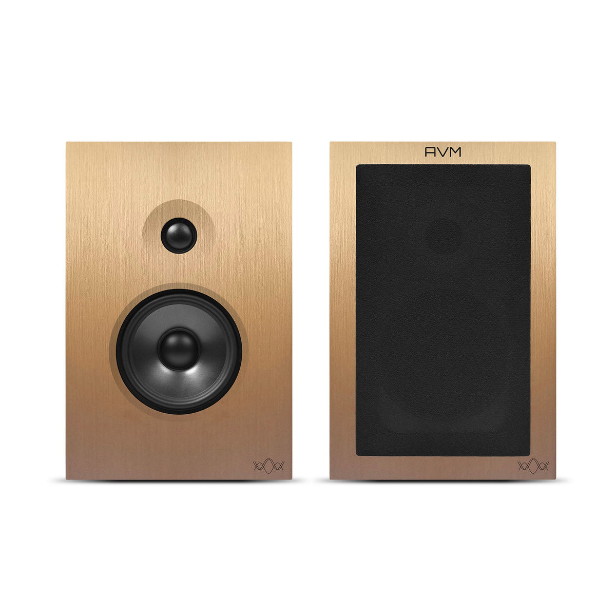 AVM Audition CB 2.3 Regallautsprecher Bronze Edition, Paaransicht mit und ohne Frontabdeckung