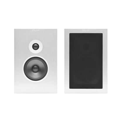AVM Audition CB 2.3 Regallautsprecher Frontansicht, Aluminium-Schallwand, rechte Box mit Frontabdeckung