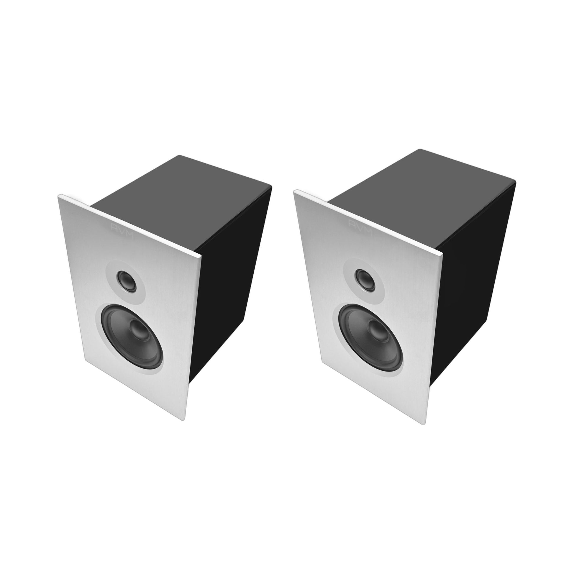 AVM Audition CB 2.3 Regallautsprecher Schwarz Stereopaar Schrägansicht mit gebürsteter Aluminium-Frontblende