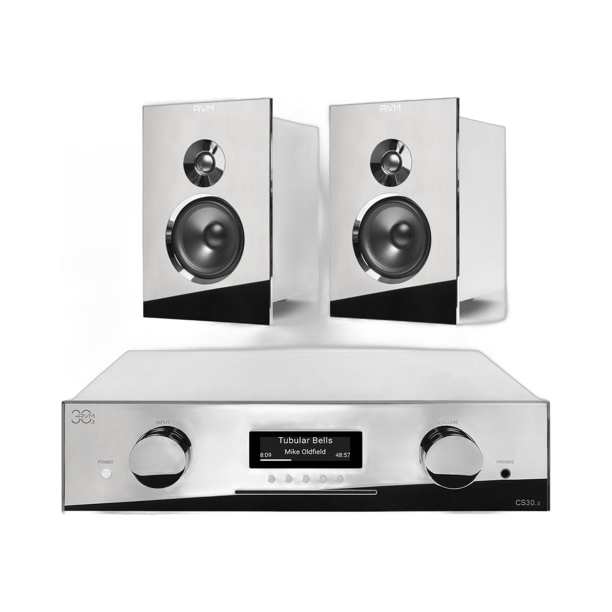 AVM CS 30.3 Streaming-Vollverstärker mit CD und Audition CB 2.3, HiFi-Set Cellini Chrom Setansicht