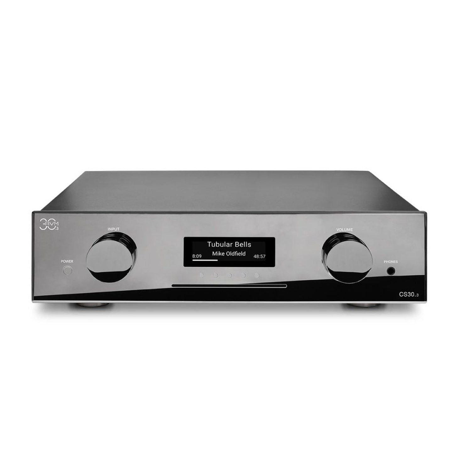 AVM CS 30.3 Streaming-Vollverstärker mit CD Cellini Chrom Draufsicht auf Gehäuseoberseite und Front