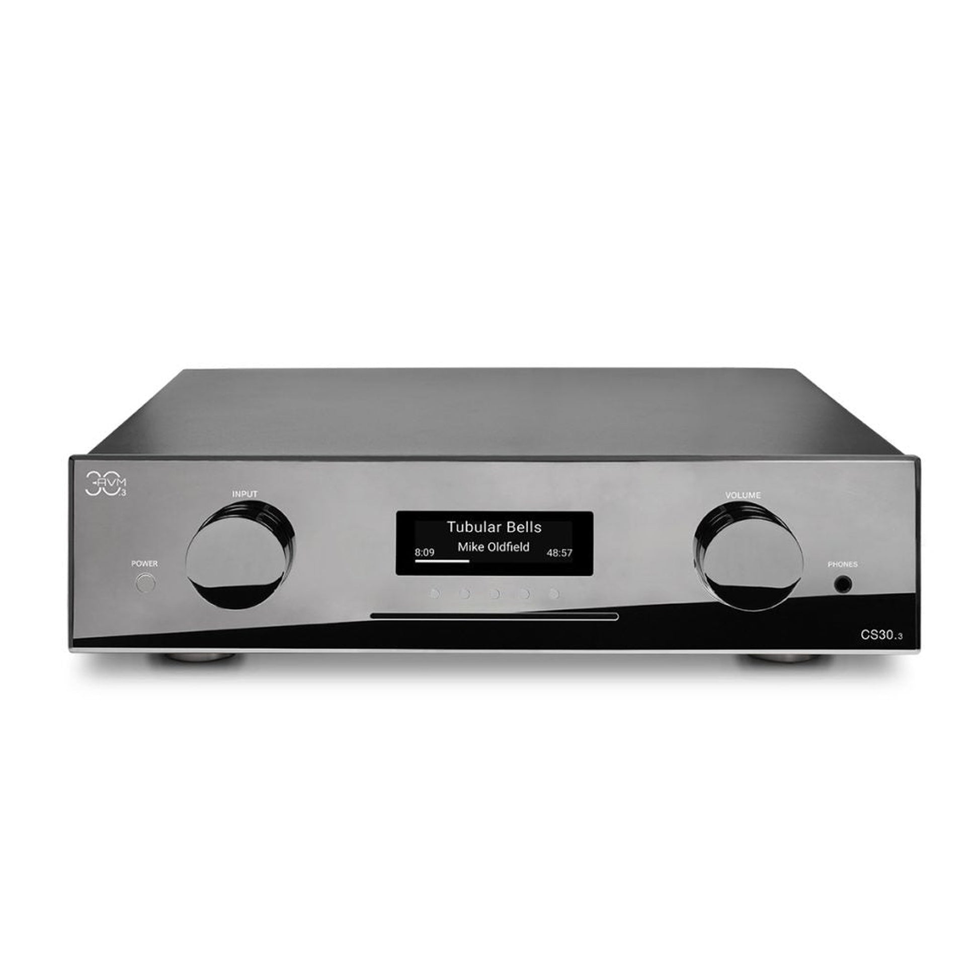 AVM CS 30.3 Streaming-Vollverstärker mit CD Cellini Chrom Draufsicht auf Gehäuseoberseite und Front