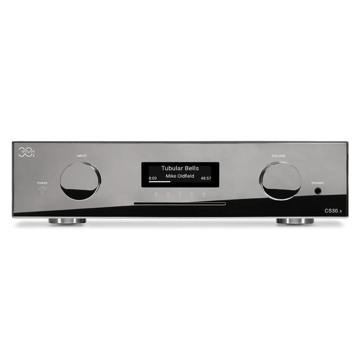 AVM CS 30.3 Streaming-Vollverstärker mit CD Cellini Chrom Frontansicht mit Display und CD-Schacht