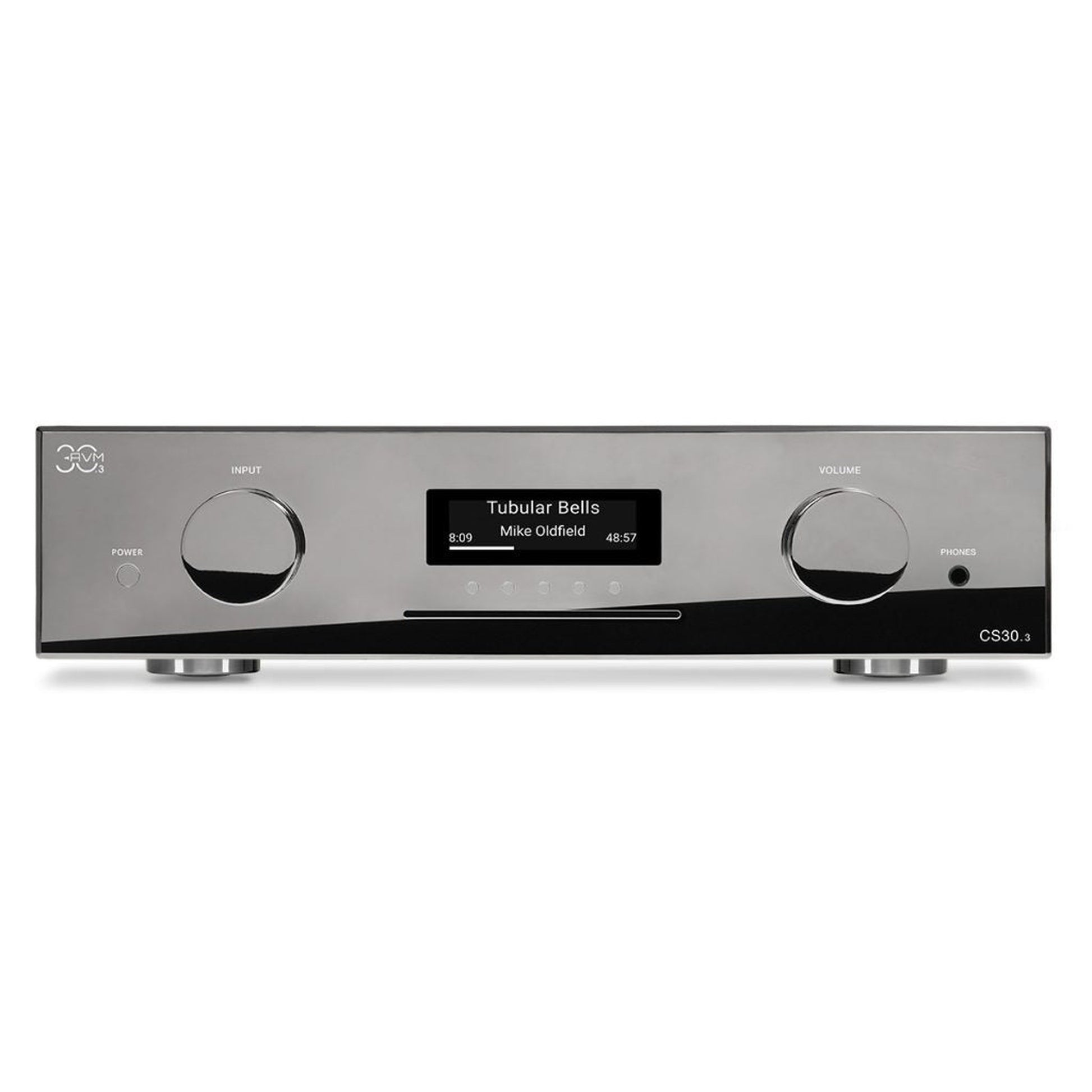 AVM CS 30.3 Streaming-Vollverstärker mit CD Cellini Chrom Frontansicht mit Display und CD-Schacht