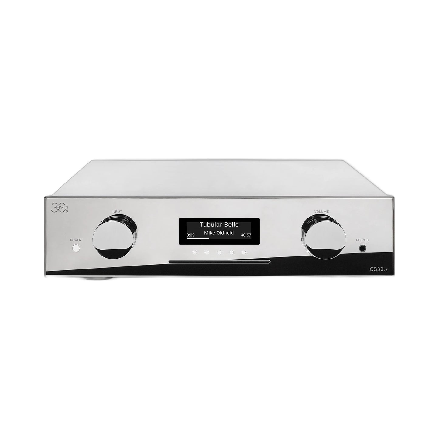 AVM CS 30.3 Streaming-Vollverstärker mit CD Cellini Chrom Frontansicht mit CD-Schacht und Display