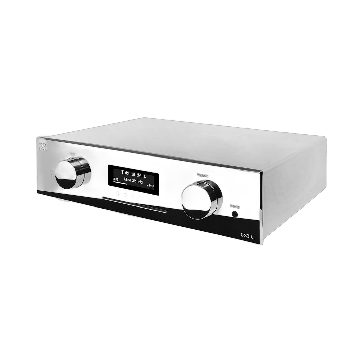 AVM CS 30.3 Streaming-Vollverstärker mit CD Cellini Chrom Schrägansicht von rechts mit CD-Schacht