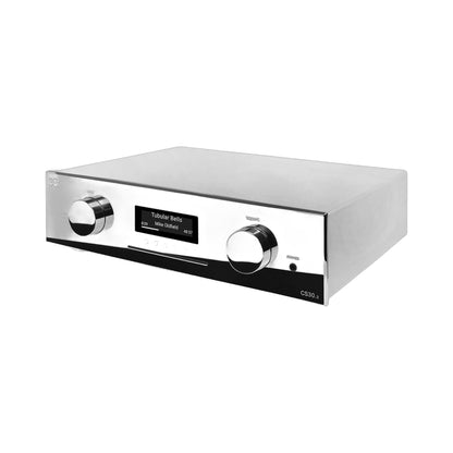 AVM CS 30.3 Streaming-Vollverstärker mit CD Cellini Chrom Schrägansicht von rechts mit CD-Schacht