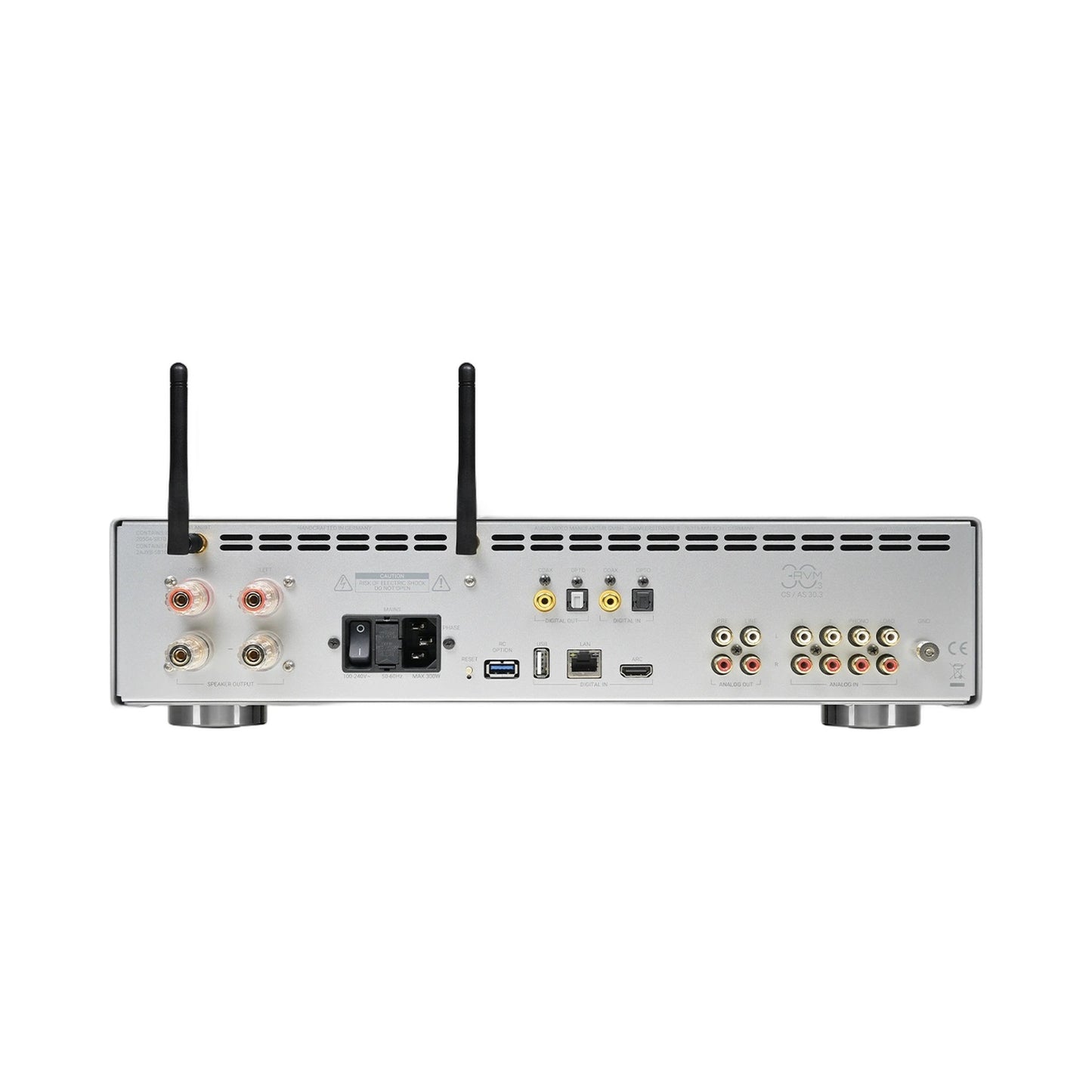 AVM CS 30.3 Streaming-Vollverstärker mit CD Cellini Chrom Rückansicht mit Anschlussfeld und WLAN-Antennen