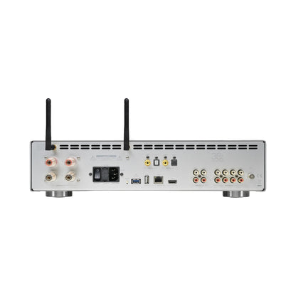AVM CS 30.3 Streaming-Vollverstärker mit CD Cellini Chrom Rückansicht mit Anschlussfeld und WLAN-Antennen