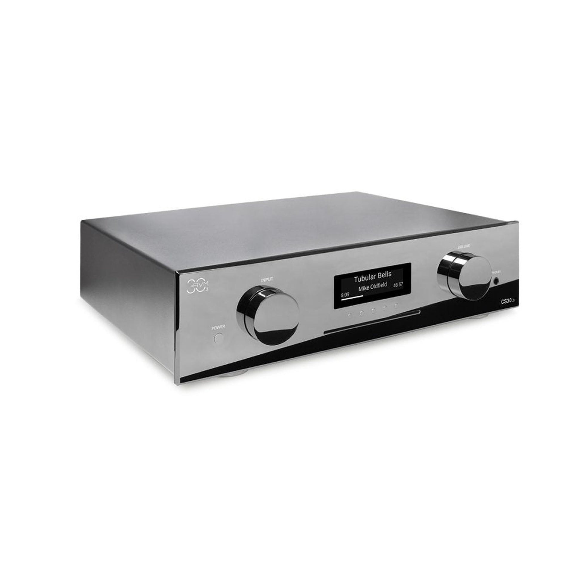 AVM CS 30.3 Streaming-Vollverstärker mit CD Cellini Chrom Schrägansicht von links mit Gehäuseoberseite