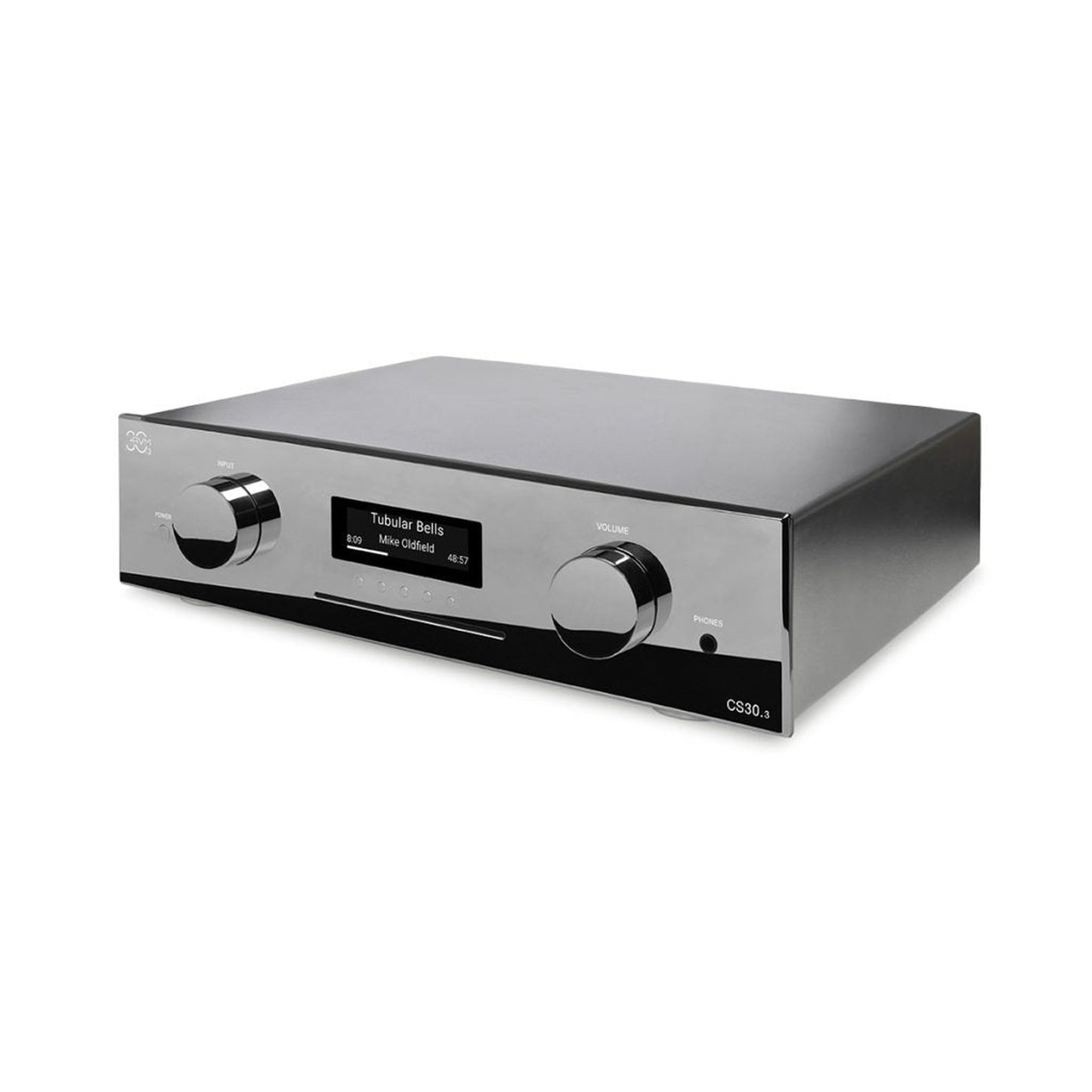 AVM CS 30.3 Streaming-Vollverstärker mit CD Cellini Chrom Schrägansicht von rechts mit Gehäuseoberseite