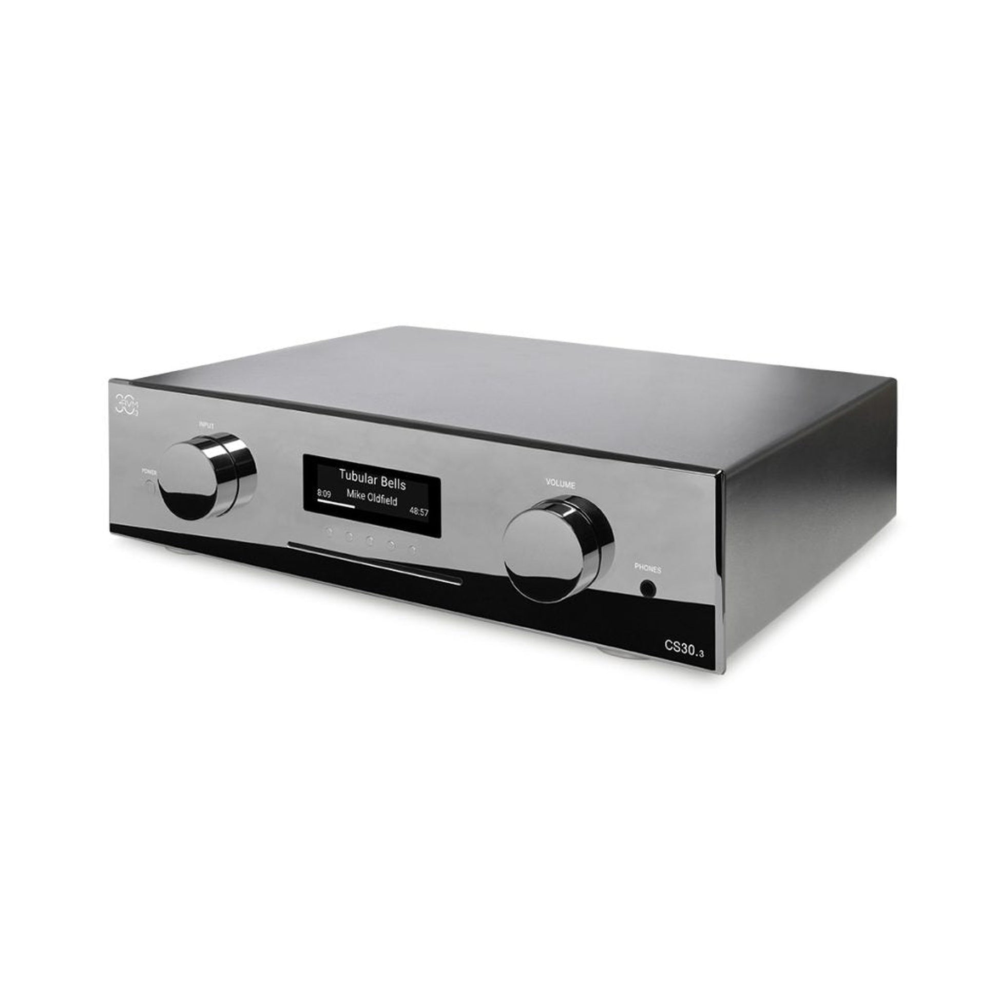 AVM CS 30.3 Streaming-Vollverstärker mit CD Cellini Chrom Schrägansicht von rechts mit Gehäuseoberseite