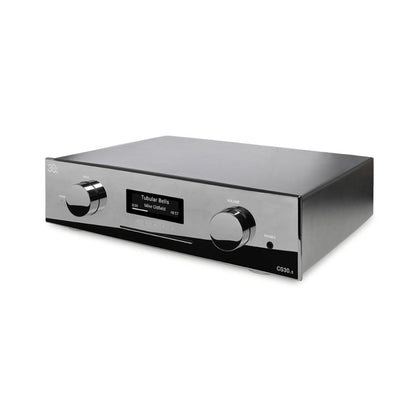 AVM CS 30.3 Streaming-Vollverstärker mit CD Cellini Chrom Schrägansicht von rechts mit Gehäuseoberseite