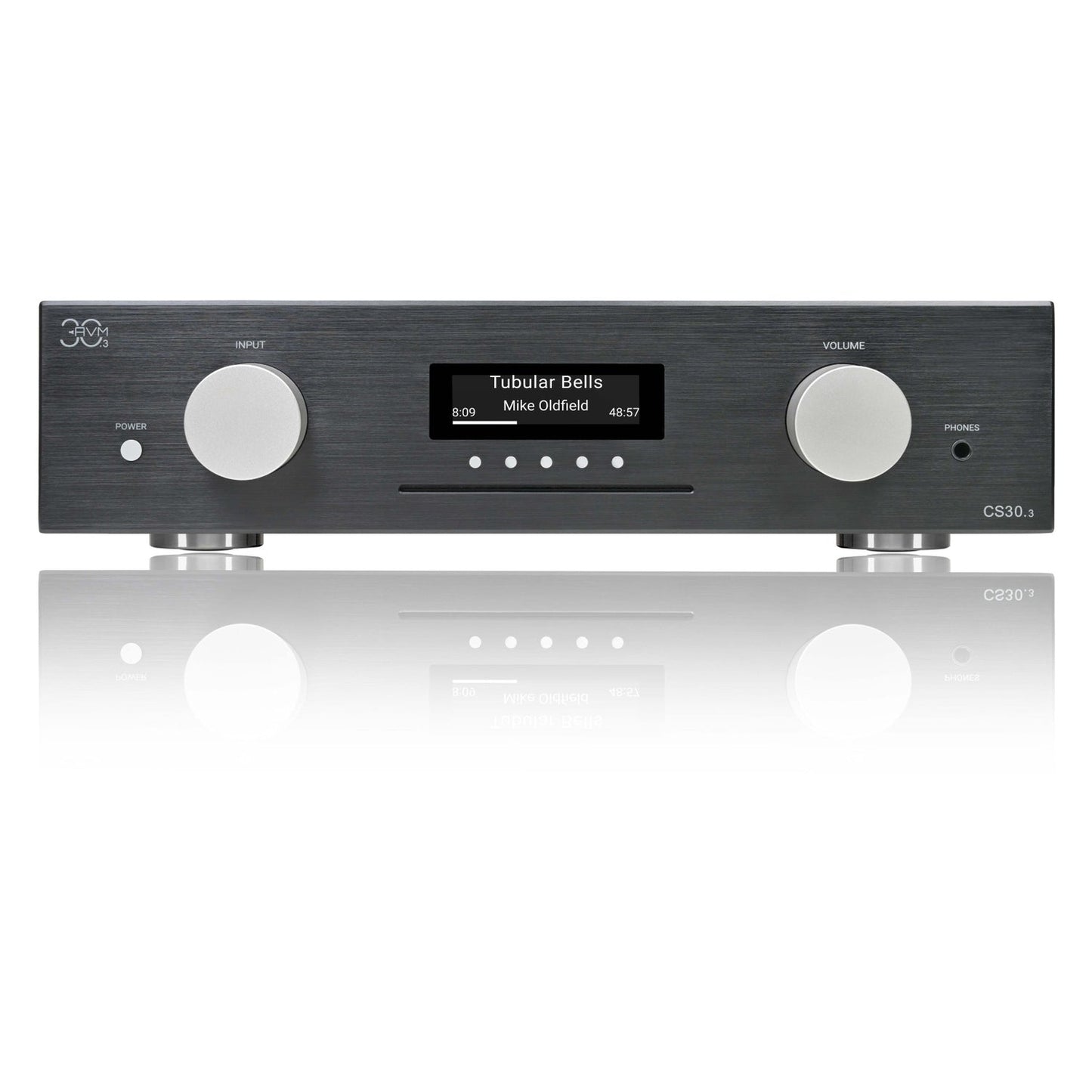 AVM CS 30.3 Streaming-Vollverstärker mit CD Schwarz Frontansicht mit Display, CD-Schacht und Spiegelung