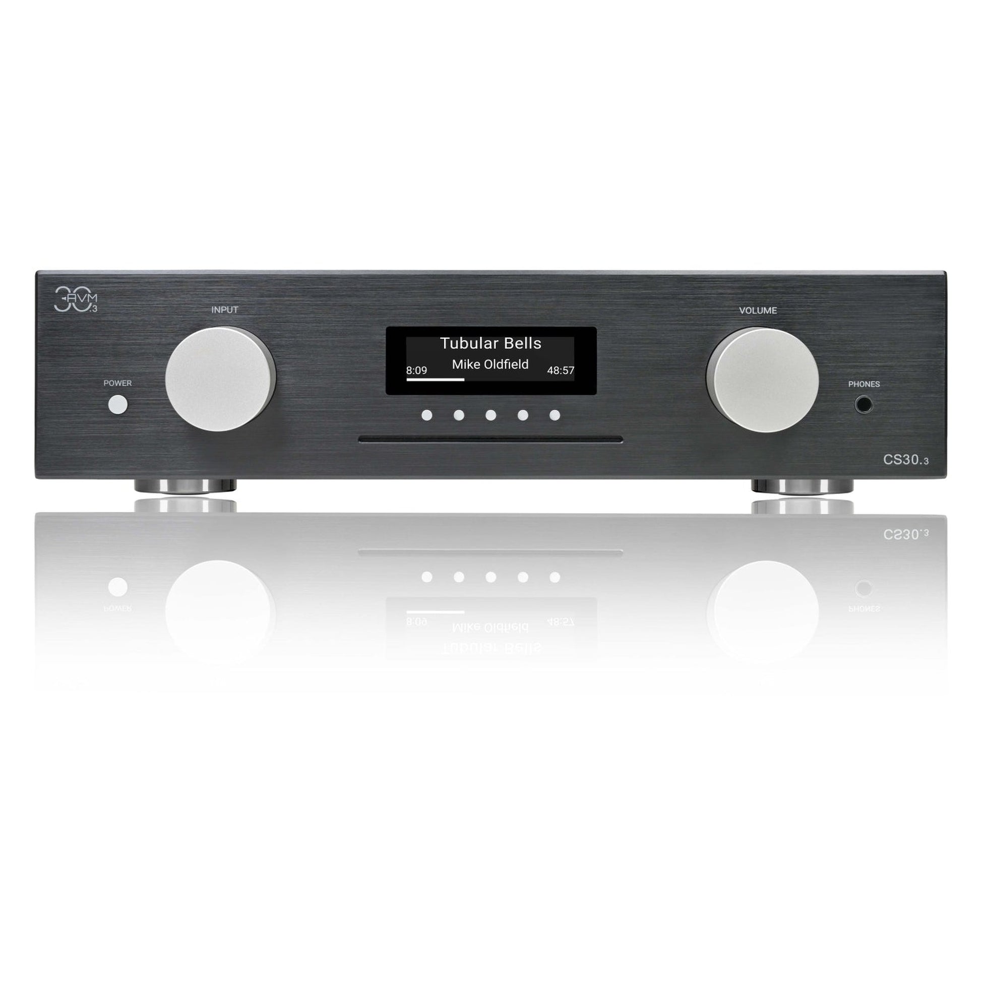 AVM CS 30.3 Streaming-Vollverstärker mit CD Schwarz Frontansicht mit Display, CD-Schacht und Spiegelung