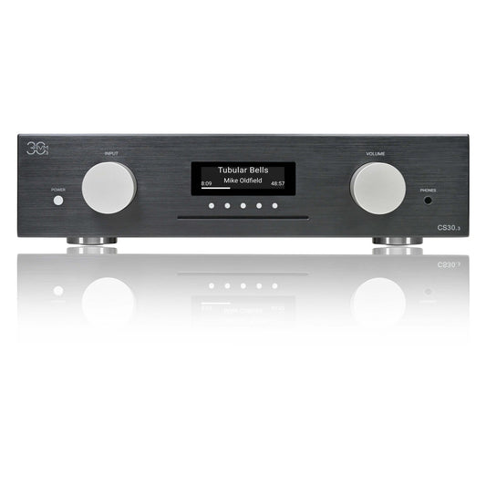 AVM CS 30.3 Streaming-Vollverstärker mit CD Schwarz Frontansicht mit Display, CD-Schacht und Spiegelung