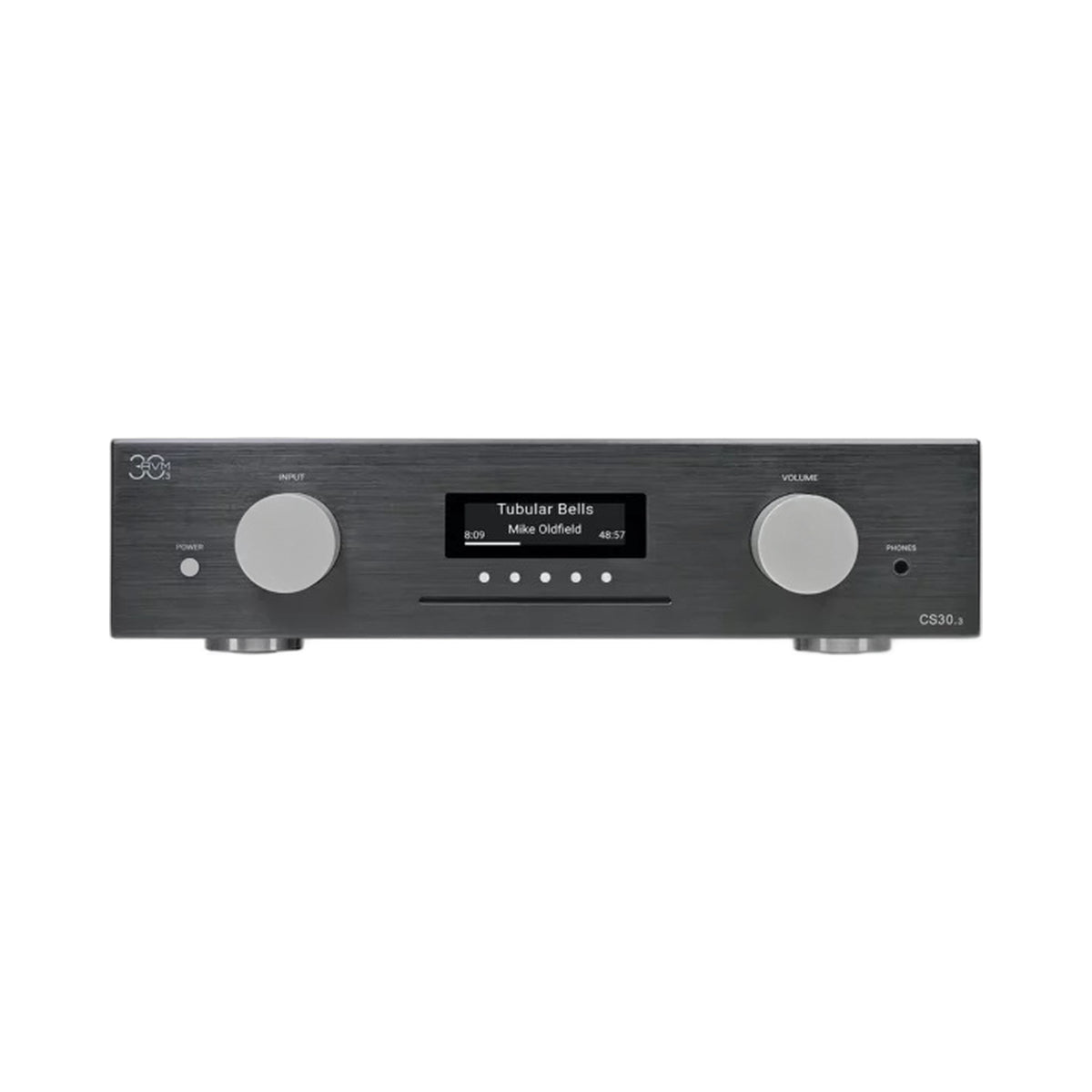 AVM CS 30.3 Streaming-Vollverstärker mit CD Schwarz Frontansicht mit CD-Schacht und Display im HiFi-Set