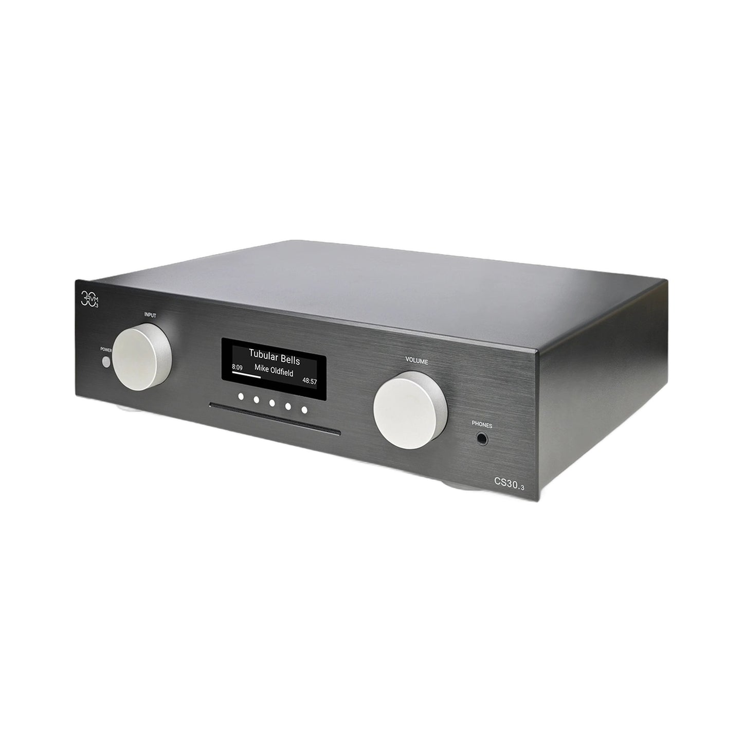 AVM CS 30.3 Streaming-Vollverstärker mit CD Schwarz Schrägansicht von rechts mit CD-Schacht und Display