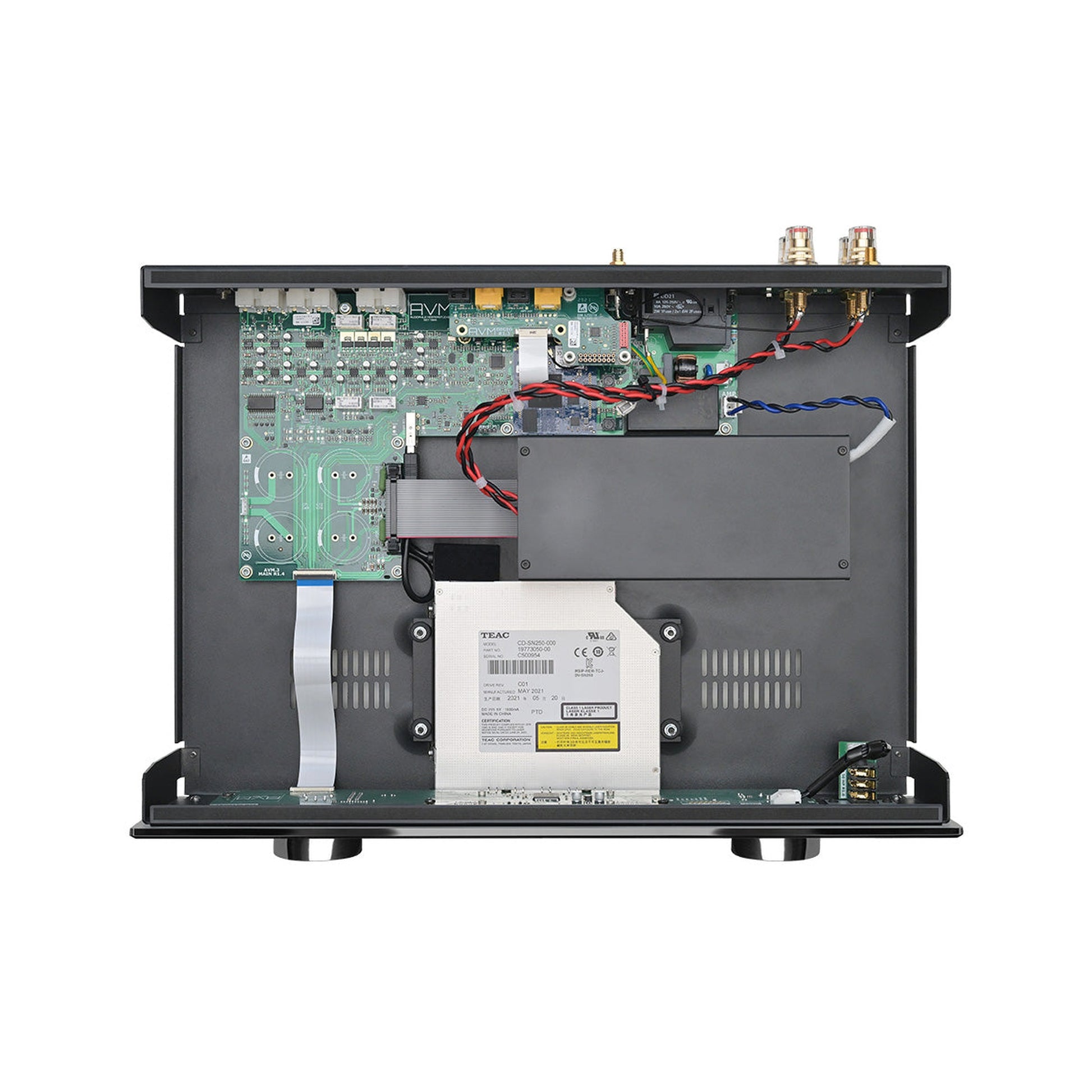 AVM CS 30.3 Streaming-Vollverstärker mit CD Schwarz Innenansicht mit Hauptplatine und CD-Laufwerk