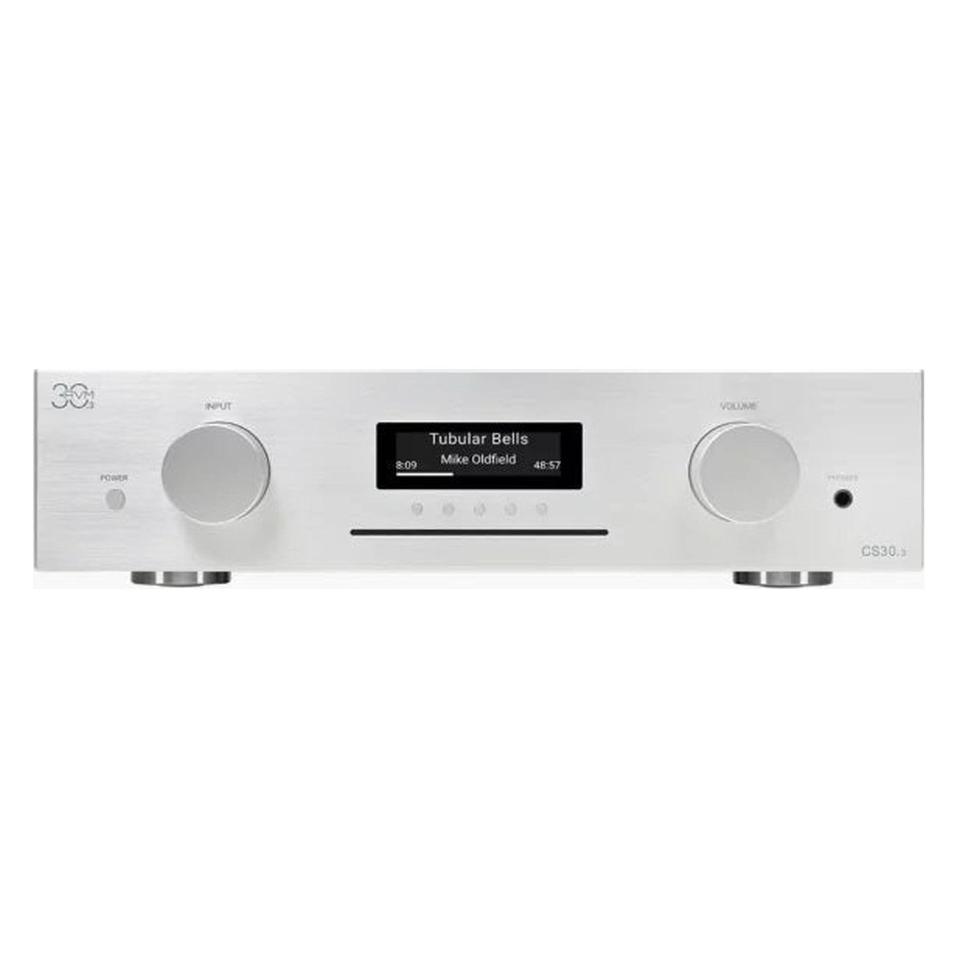 AVM CS 30.3 Streaming-Vollverstärker mit CD Silber Frontansicht mit CD-Schacht ohne Spiegelung