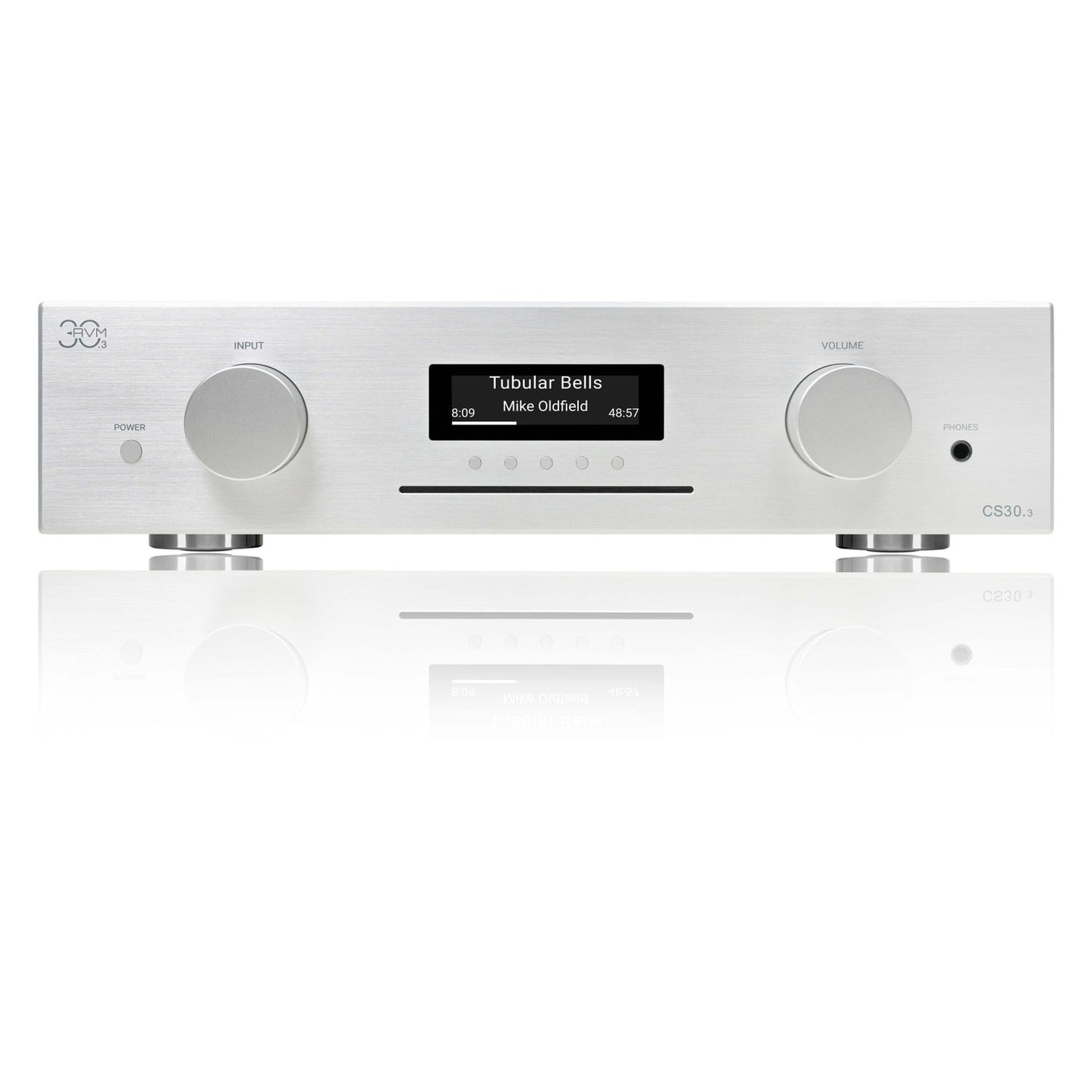 AVM CS 30.3 Streaming-Vollverstärker mit CD Silber Frontansicht mit Display, CD-Schacht und Spiegelung
