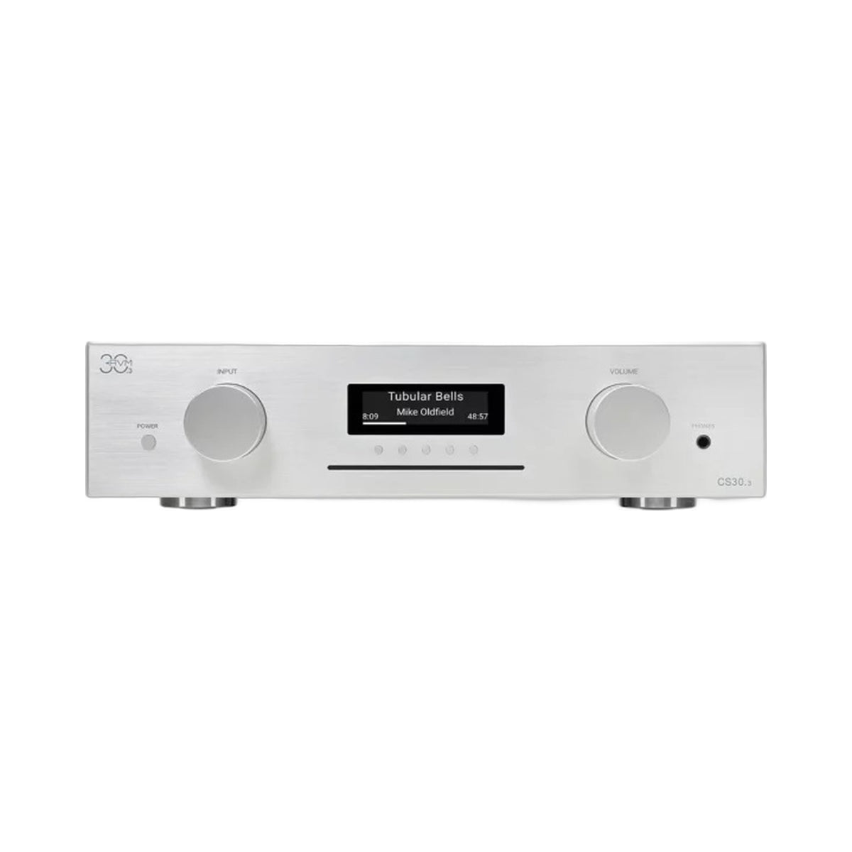 AVM CS 30.3 Streaming-Vollverstärker mit CD Silber Frontansicht mit CD-Schacht und Display im HiFi-Set