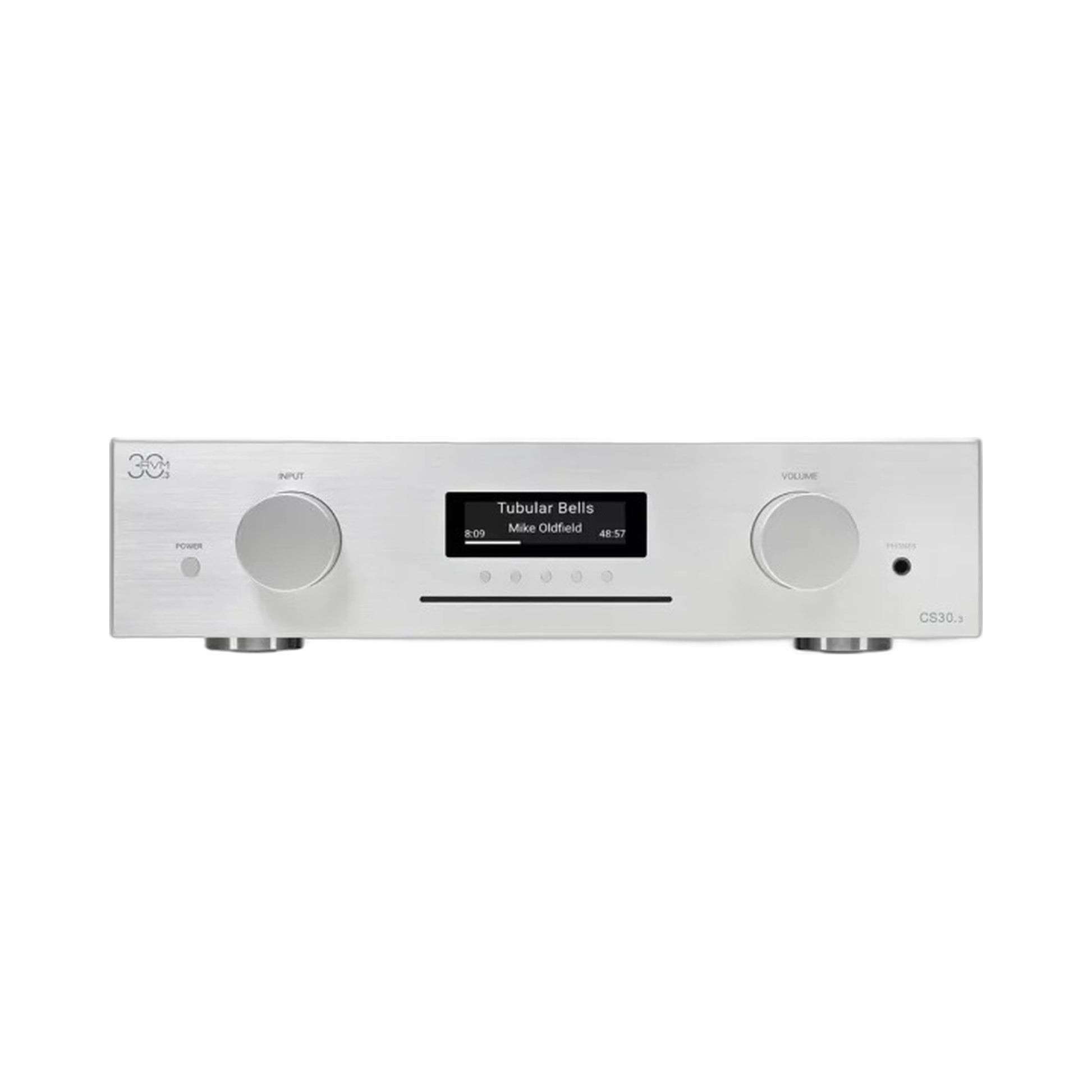 AVM CS 30.3 Streaming-Vollverstärker mit CD Silber Frontansicht mit CD-Schacht und Display im HiFi-Set
