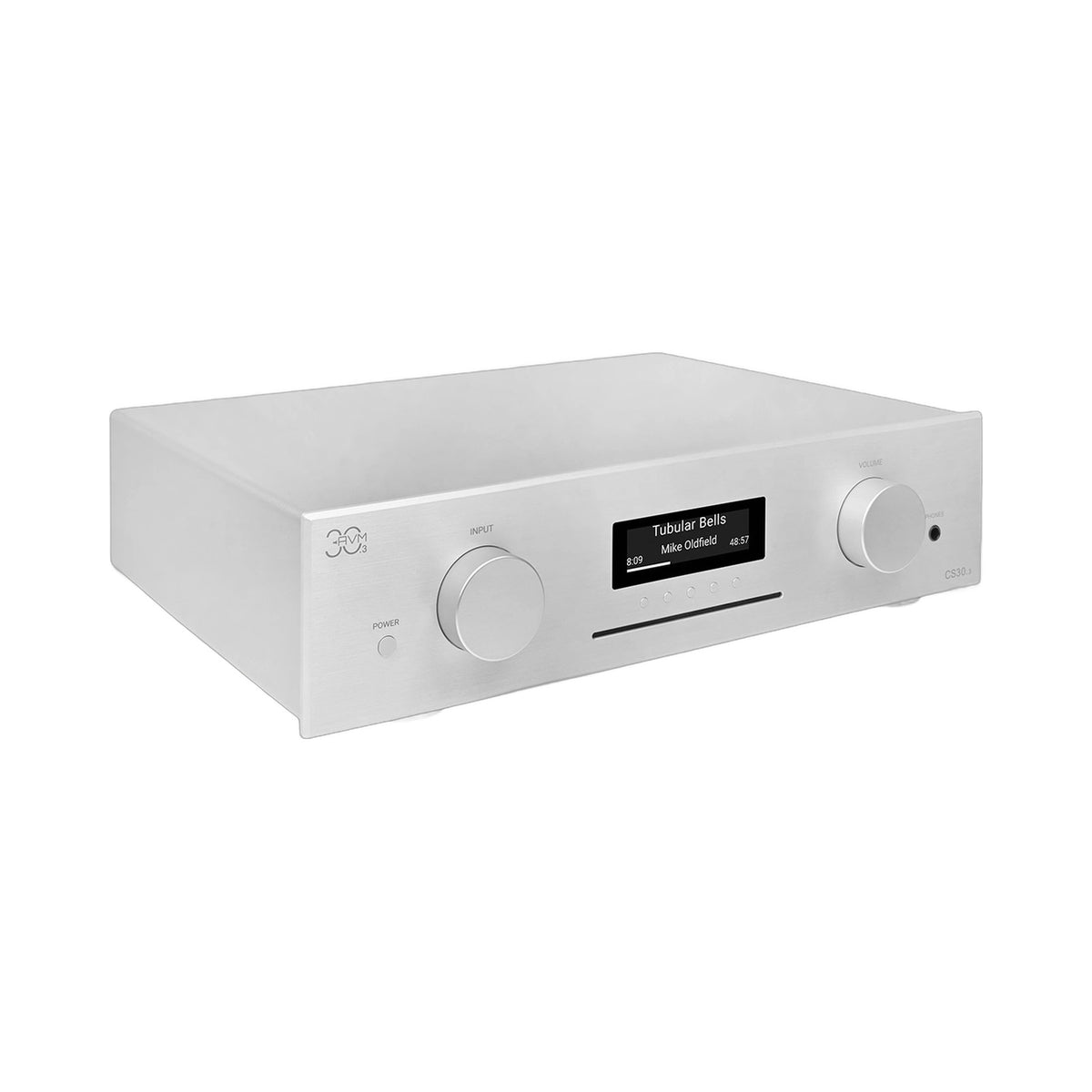AVM CS 30.3 Streaming-Vollverstärker mit CD Silber Schrägansicht von links mit CD-Schacht