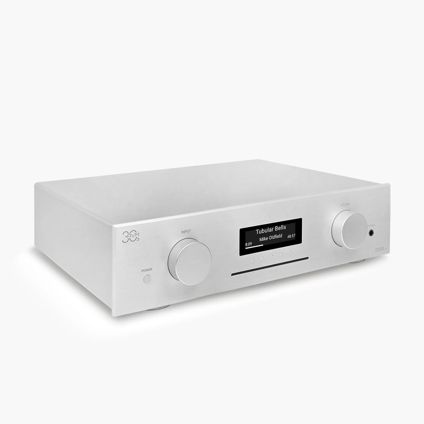 AVM CS 30.3 Streaming-Vollverstärker mit CD Silber Schrägansicht von links mit Gehäuseoberseite